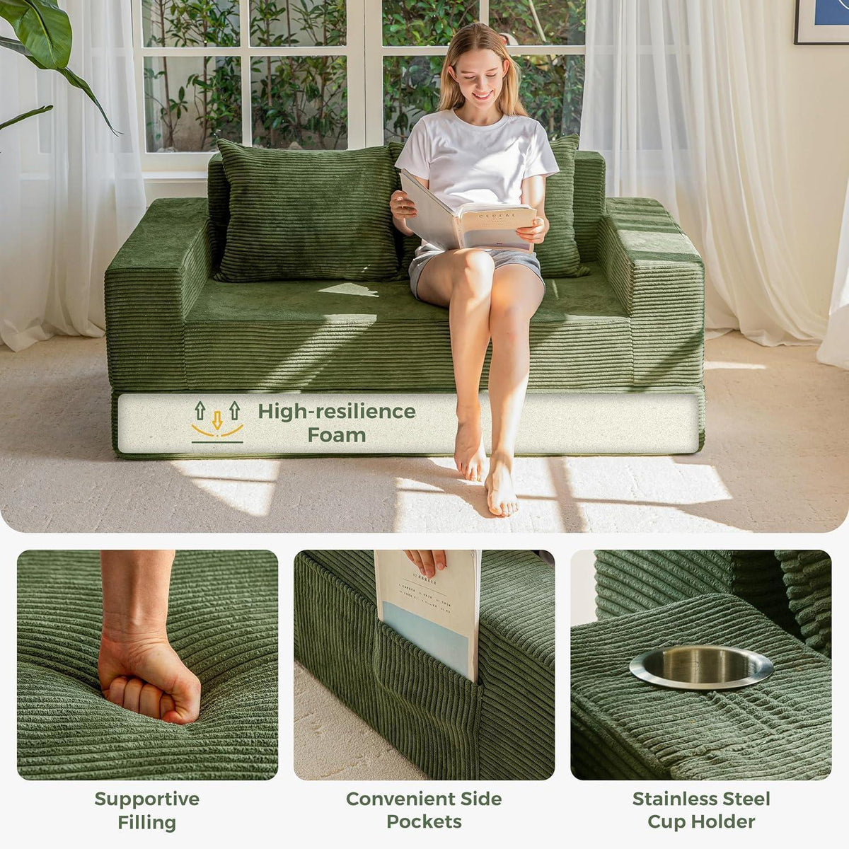 Bequemes Schlafsofa mit Cordstoff & Getränkehaltern