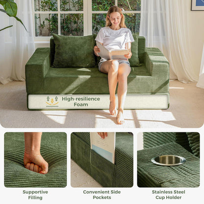 Bequemes Schlafsofa mit Cordstoff & Getränkehaltern
