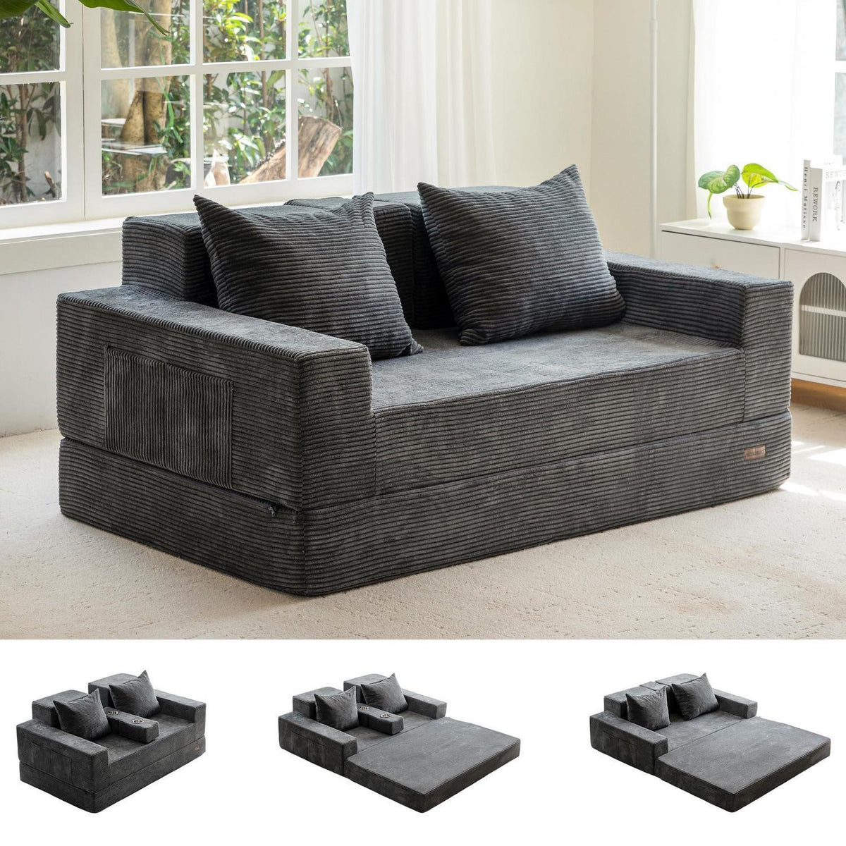 Bequemes Cord Schlafsofa mit Getränkehaltern – Dunkelgrau