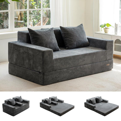 Bequemes Cord Schlafsofa mit Getränkehaltern – Dunkelgrau