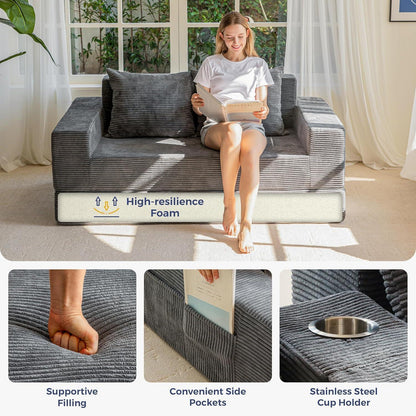 Bequemes Cord Schlafsofa mit Getränkehaltern – Dunkelgrau