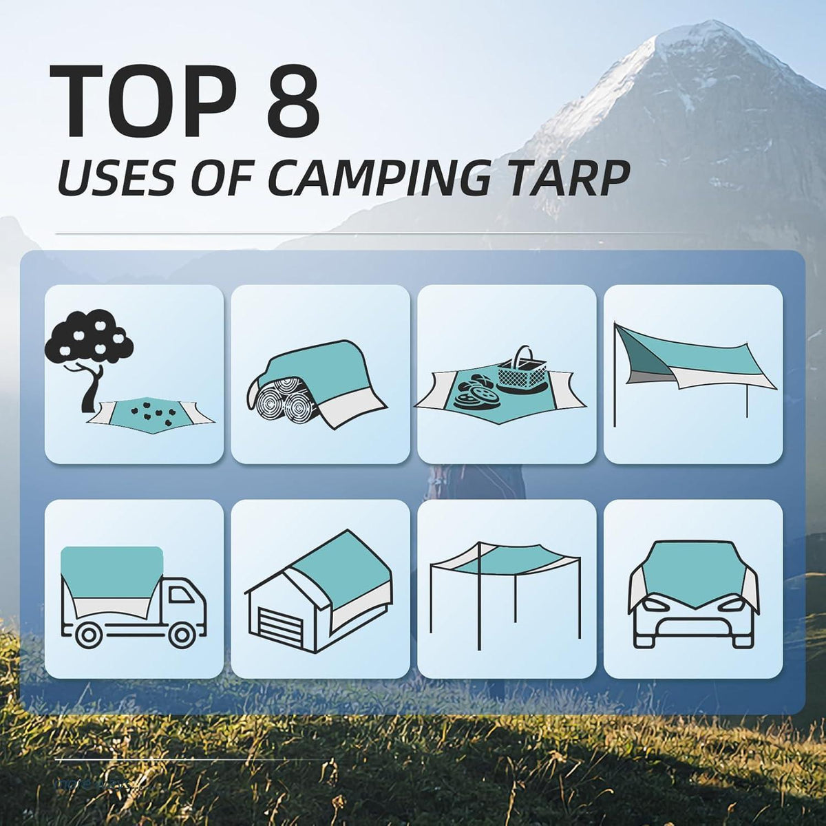 Ultraleichtes Tarp 3,7x4,3m wasserdicht & UV-Schutz Türkis/Grau
