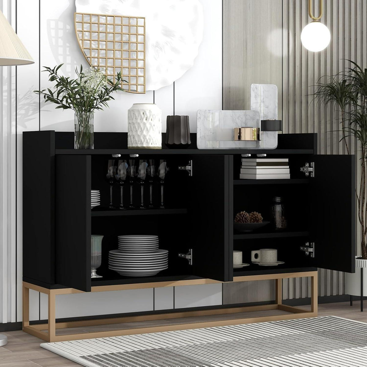 Sideboard mit 4 Türen & Metallbeinen – Schwarz, 120x30x80 cm