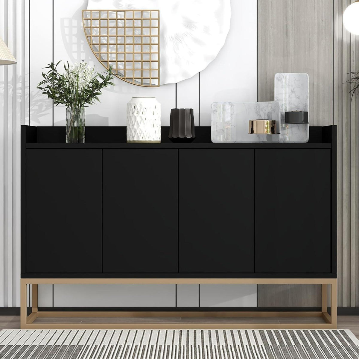 Sideboard mit 4 Türen & Metallbeinen – Schwarz, 120x30x80 cm