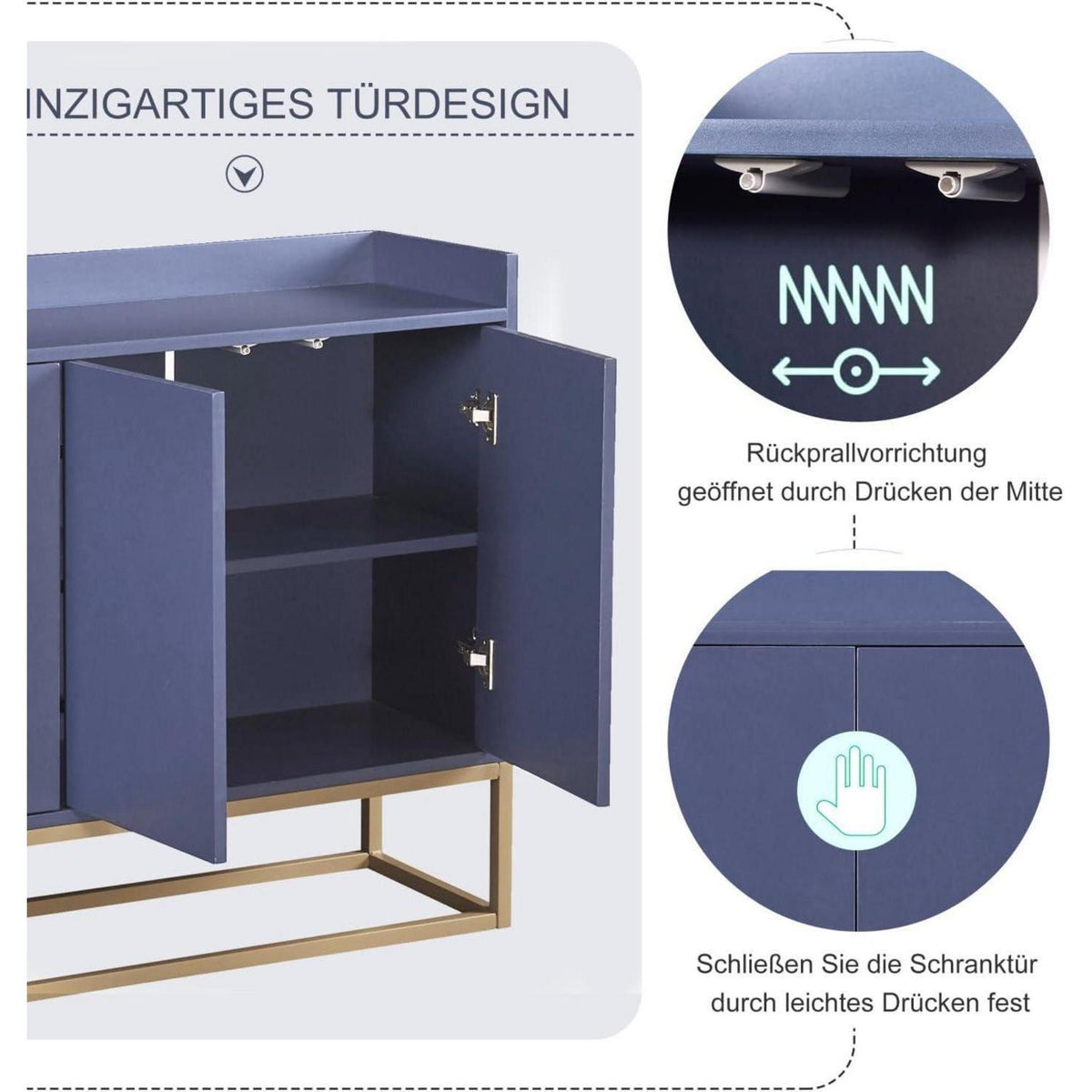 Blaues Sideboard mit 4 Türen & verstellbaren Regalen (120x30x80cm)