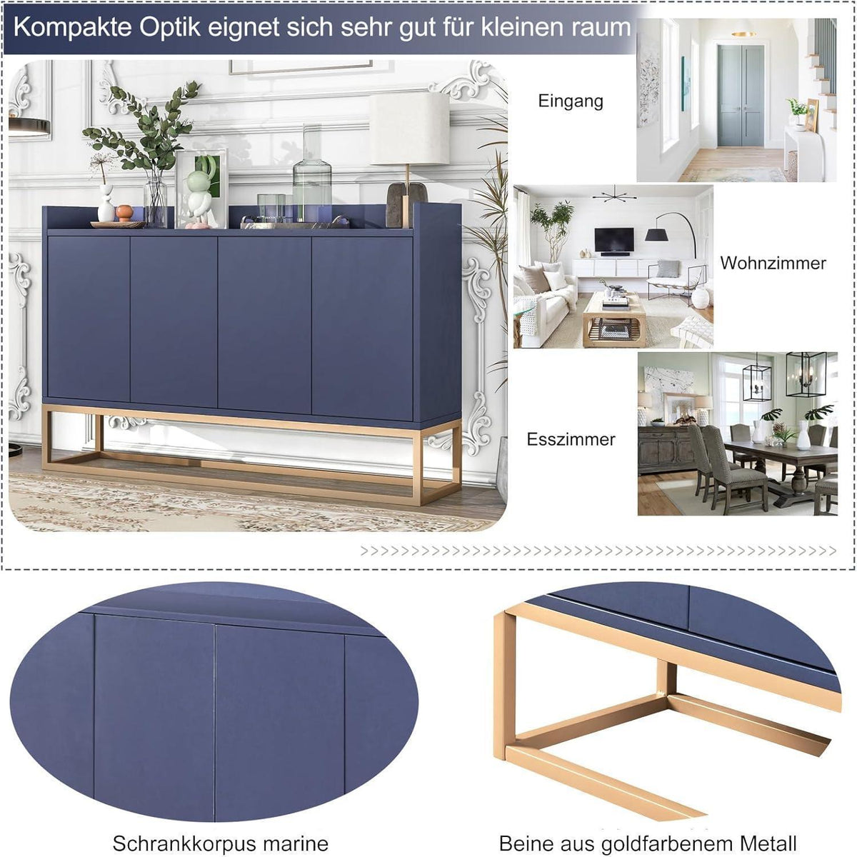 Blaues Sideboard mit 4 Türen & verstellbaren Regalen (120x30x80cm)