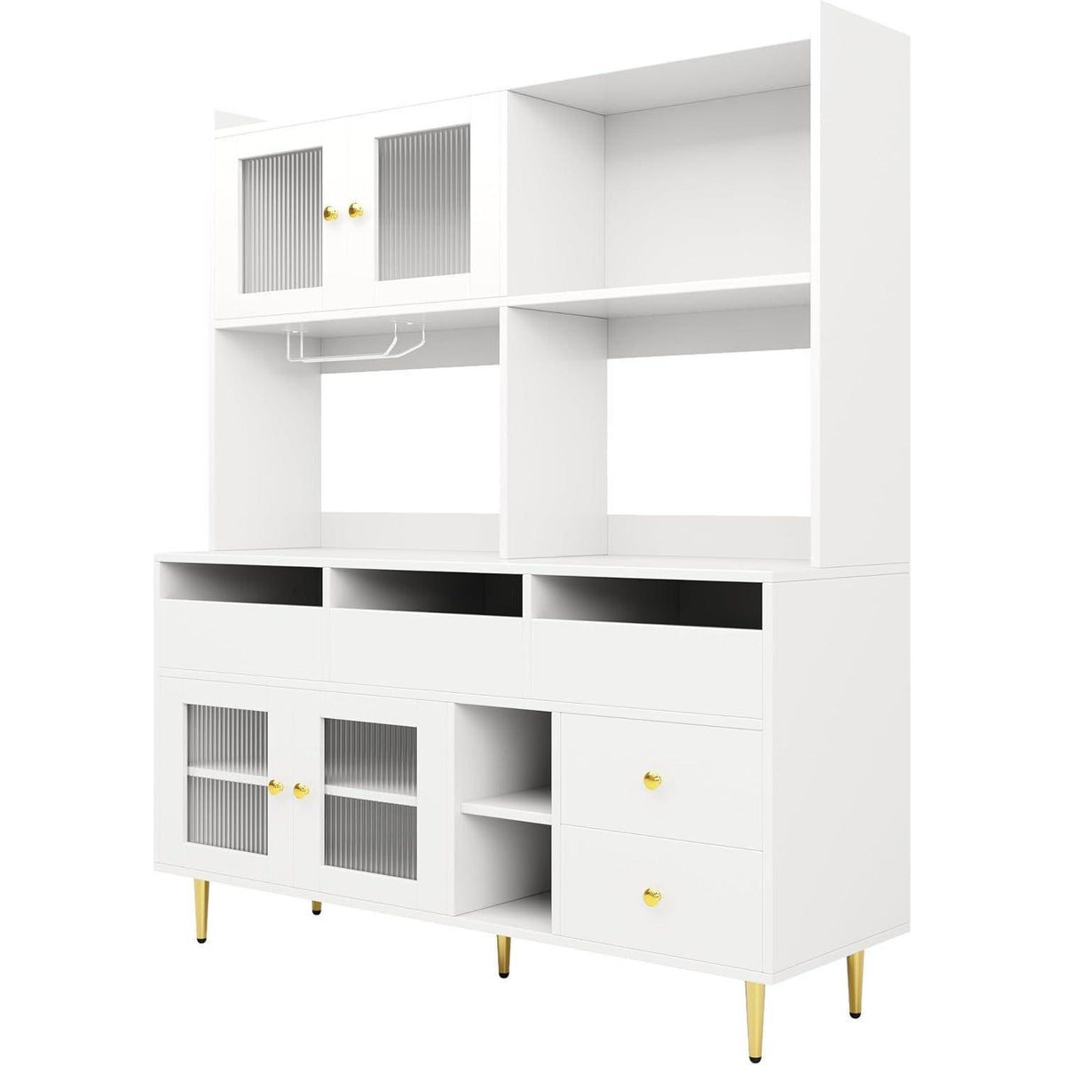 Hochschrank mit Glastür & Weinregal – Weiß mit Gold | 145x39x171cm