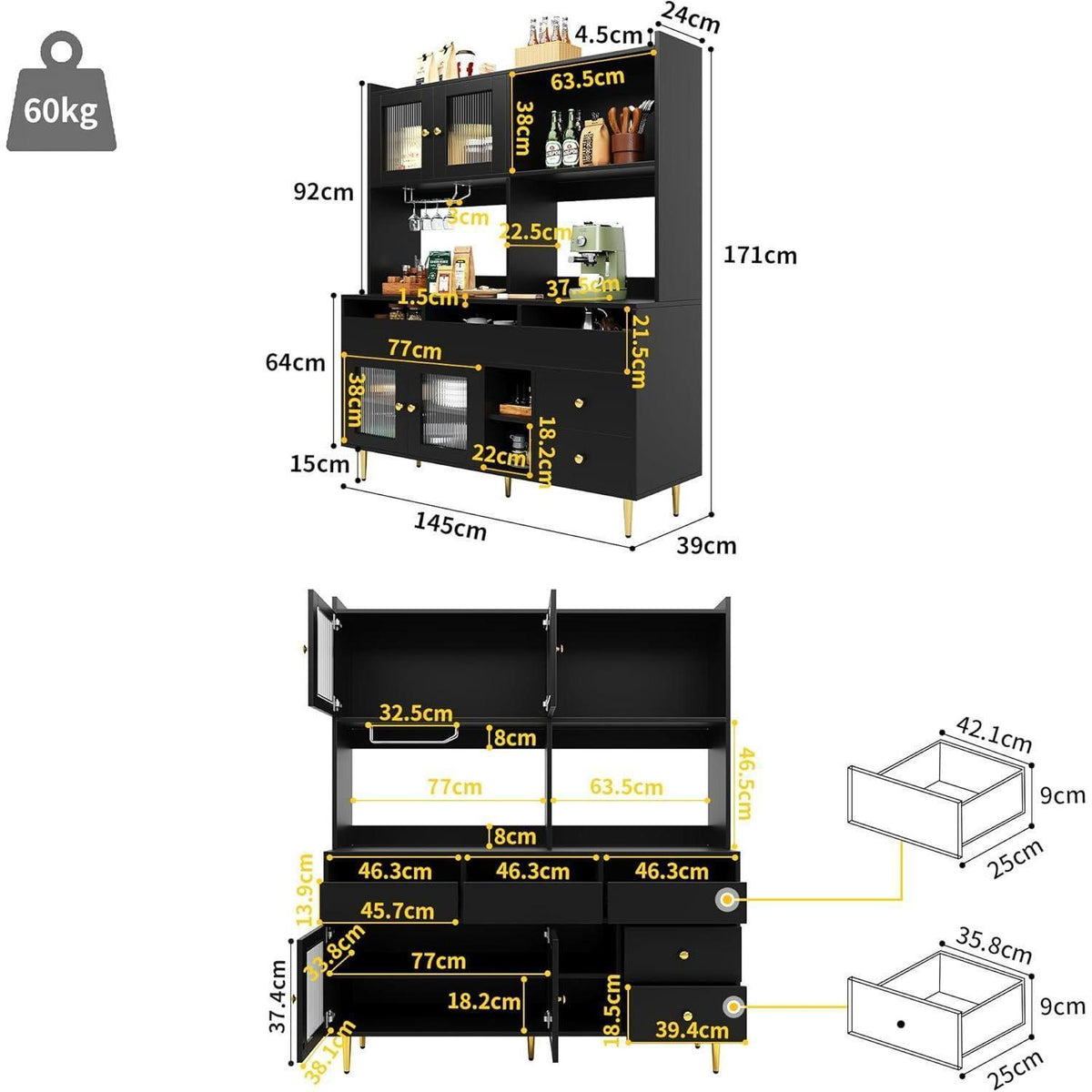 Hochschrank mit Glastür & Weinregal – Schwarz mit Gold | 145x39x171cm