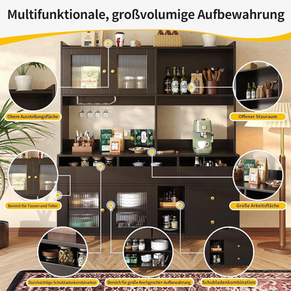 Hochschrank mit Glastür & Weinregal – Schwarz mit Gold | 145x39x171cm