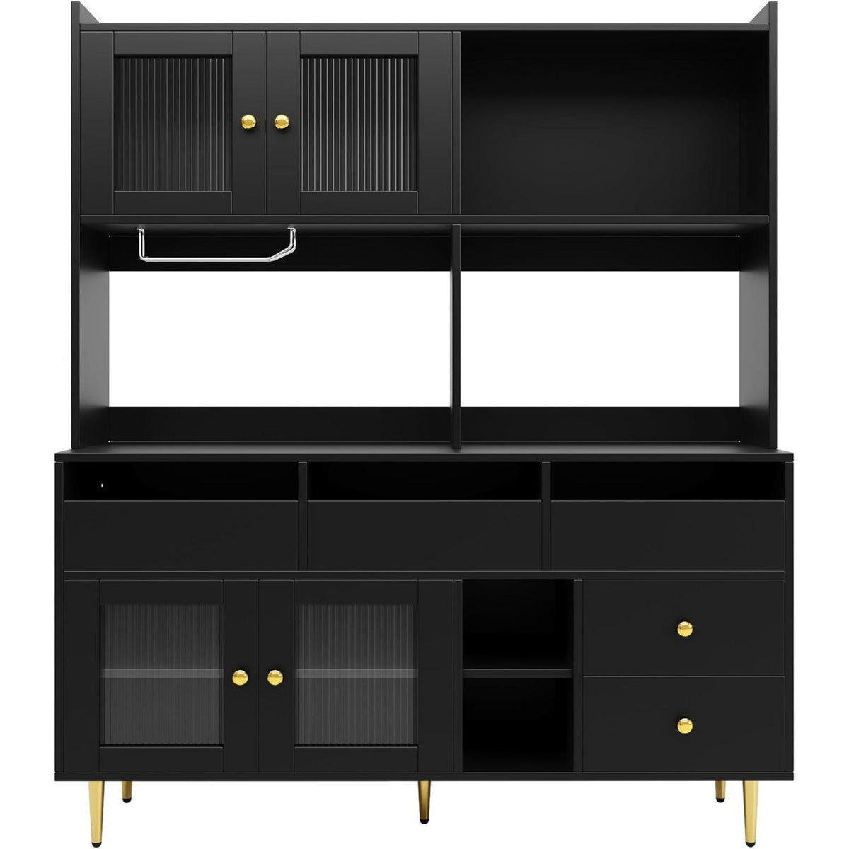 Hochschrank mit Glastür & Weinregal – Schwarz mit Gold | 145x39x171cm