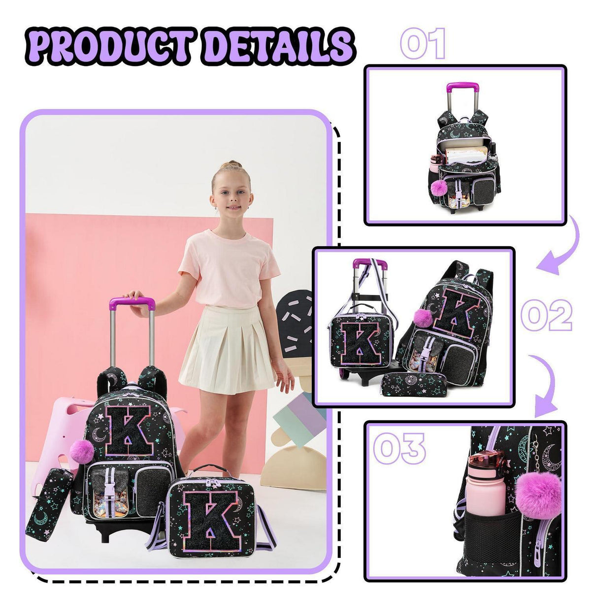 Schultrolley Rucksack Kinder mit Rollen – Schwarz