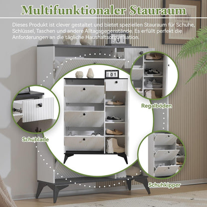 Schmaler Schuhschrank mit Klappen & Schublade – Weiß