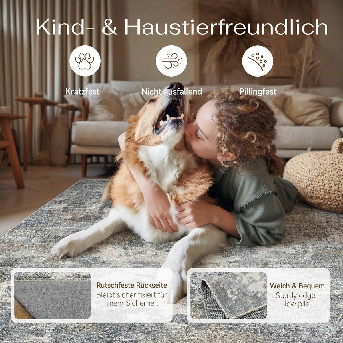 Abstraktes Wohnzimmer Teppich Blau-Grau 160x230cm Rutschfest Waschbar