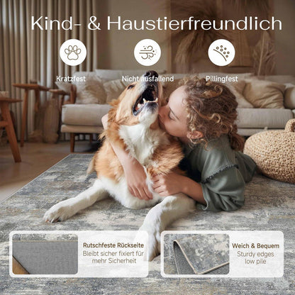 Abstraktes Wohnzimmer Teppich Blau-Grau 160x230cm Rutschfest Waschbar