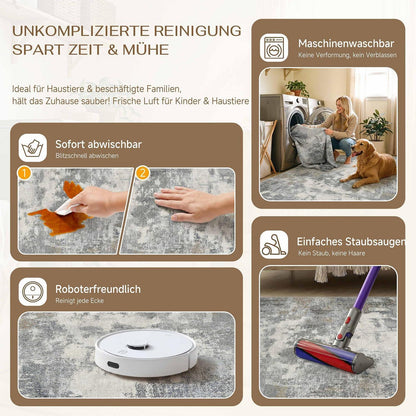 Abstraktes Wohnzimmer Teppich Blau-Grau 160x230cm Rutschfest Waschbar