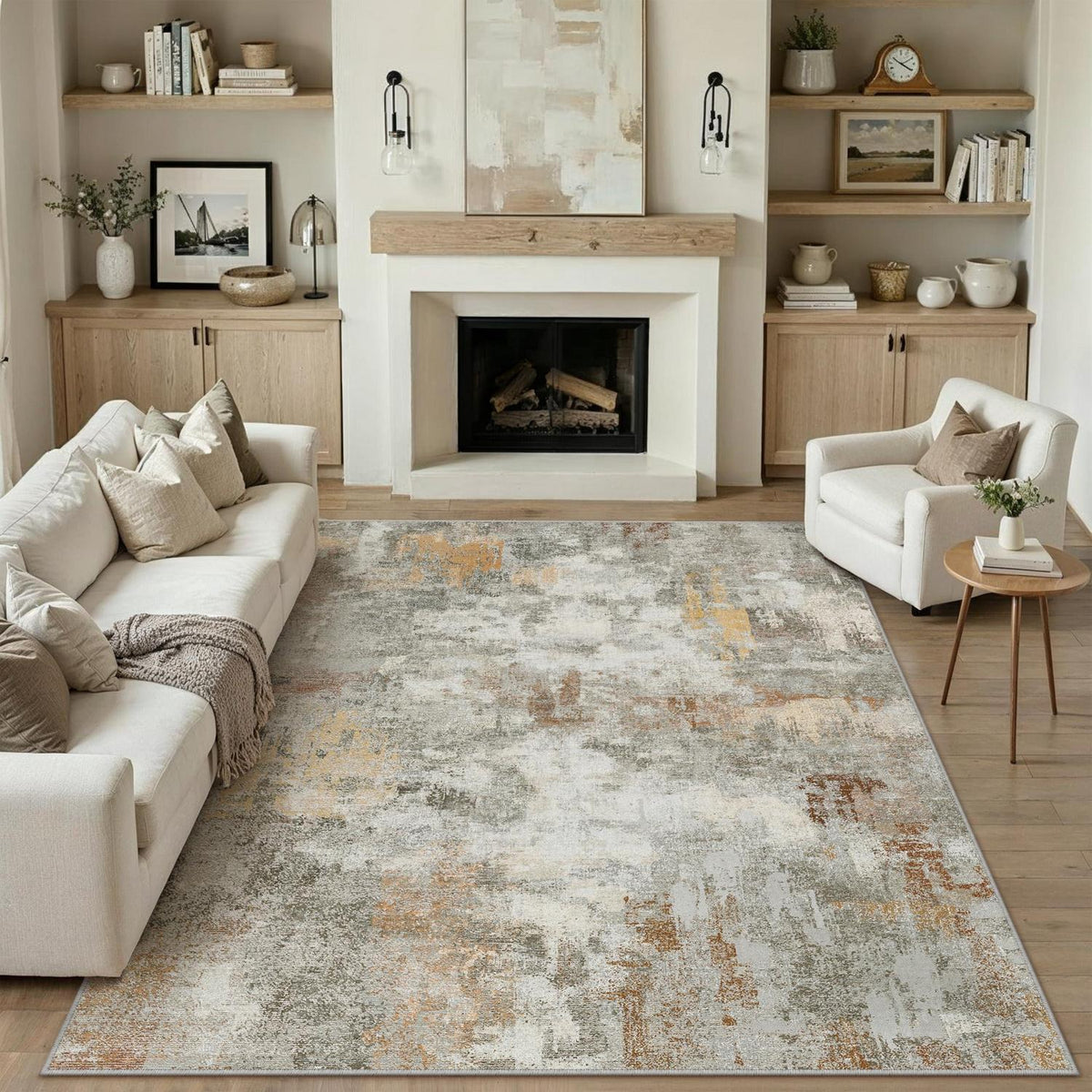 Abstraktes Wohnzimmer Teppich 200x300cm – Rutschfest, Waschbar, Orange-Grau