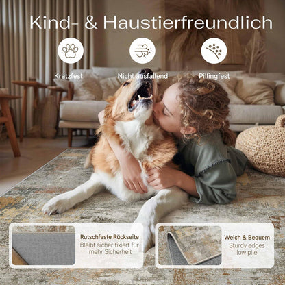 Abstraktes Wohnzimmer Teppich 200x300cm – Rutschfest, Waschbar, Orange-Grau