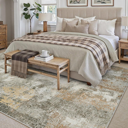 Abstraktes Wohnzimmer Teppich 160x230cm – Rutschfest, Waschbar, Orange-Grau