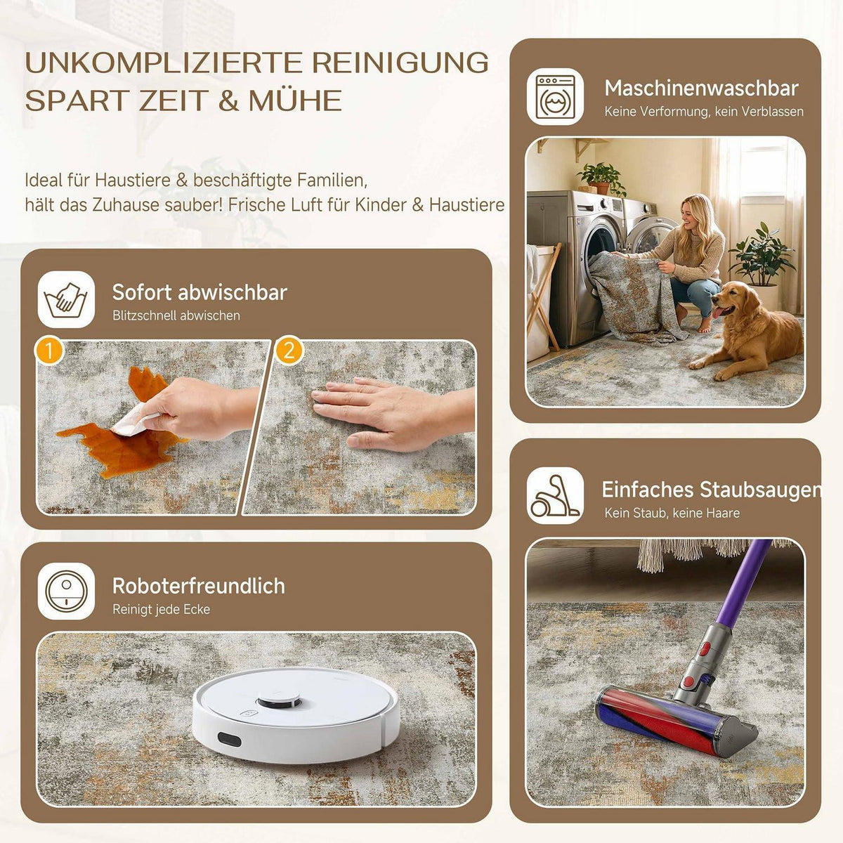 Abstraktes Wohnzimmer Teppich 160x230cm – Rutschfest, Waschbar, Orange-Grau