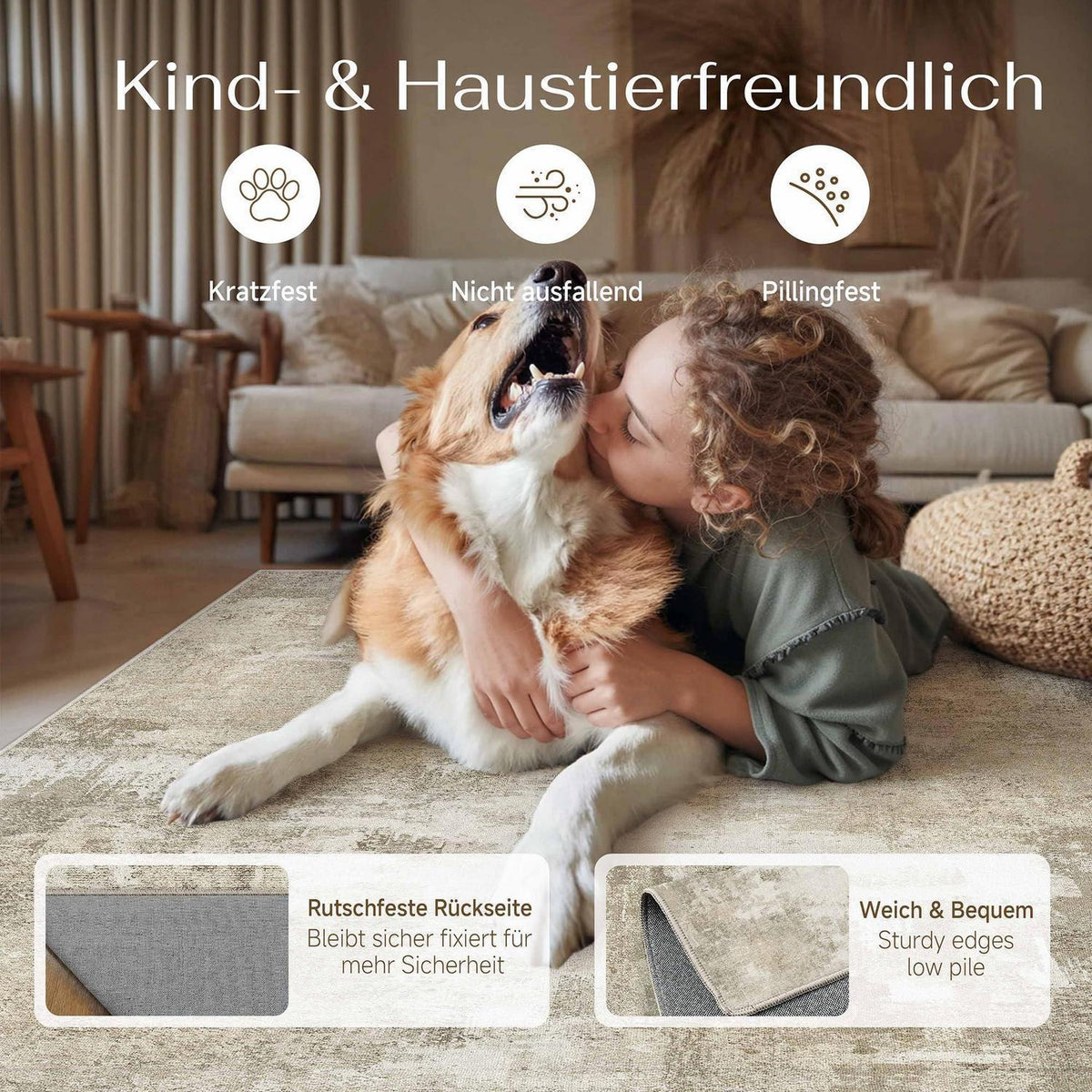 Beiger Wohnteppich 200x300cm – Rutschfest, Waschbar, Abstrakt