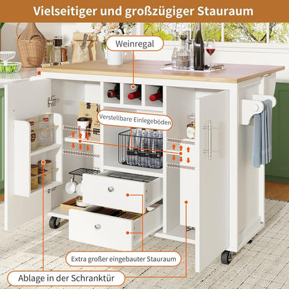 Bewegliche Kücheninsel mit Klapptisch & Stauraum – Weiß