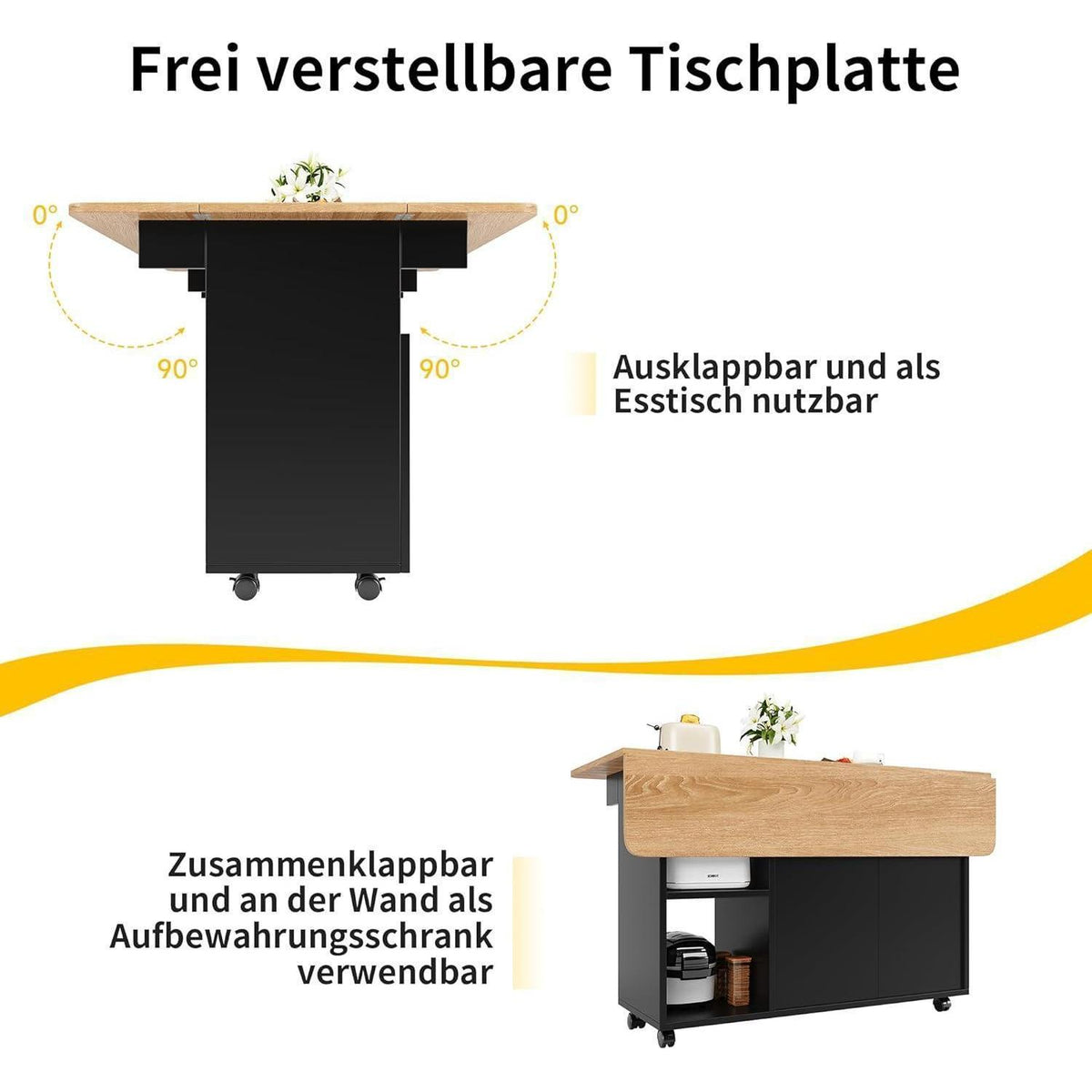 Kücheninsel mit Stauraum & klappbarem Esstisch (120x70x79.5cm)
