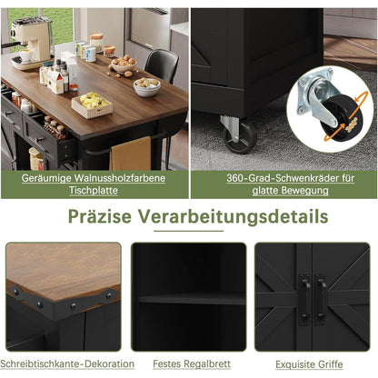 Kücheninsel mit Ausziehtisch & Rollen – Schwarz