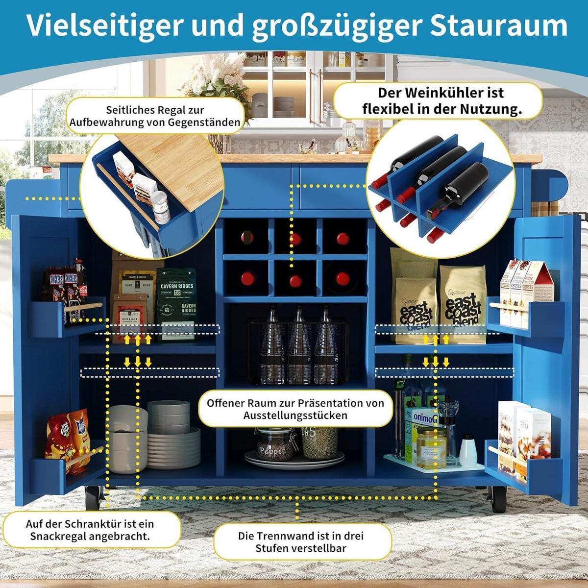 Kücheninsel mit Stauraum & Rollen – Blau (102x45x92cm)