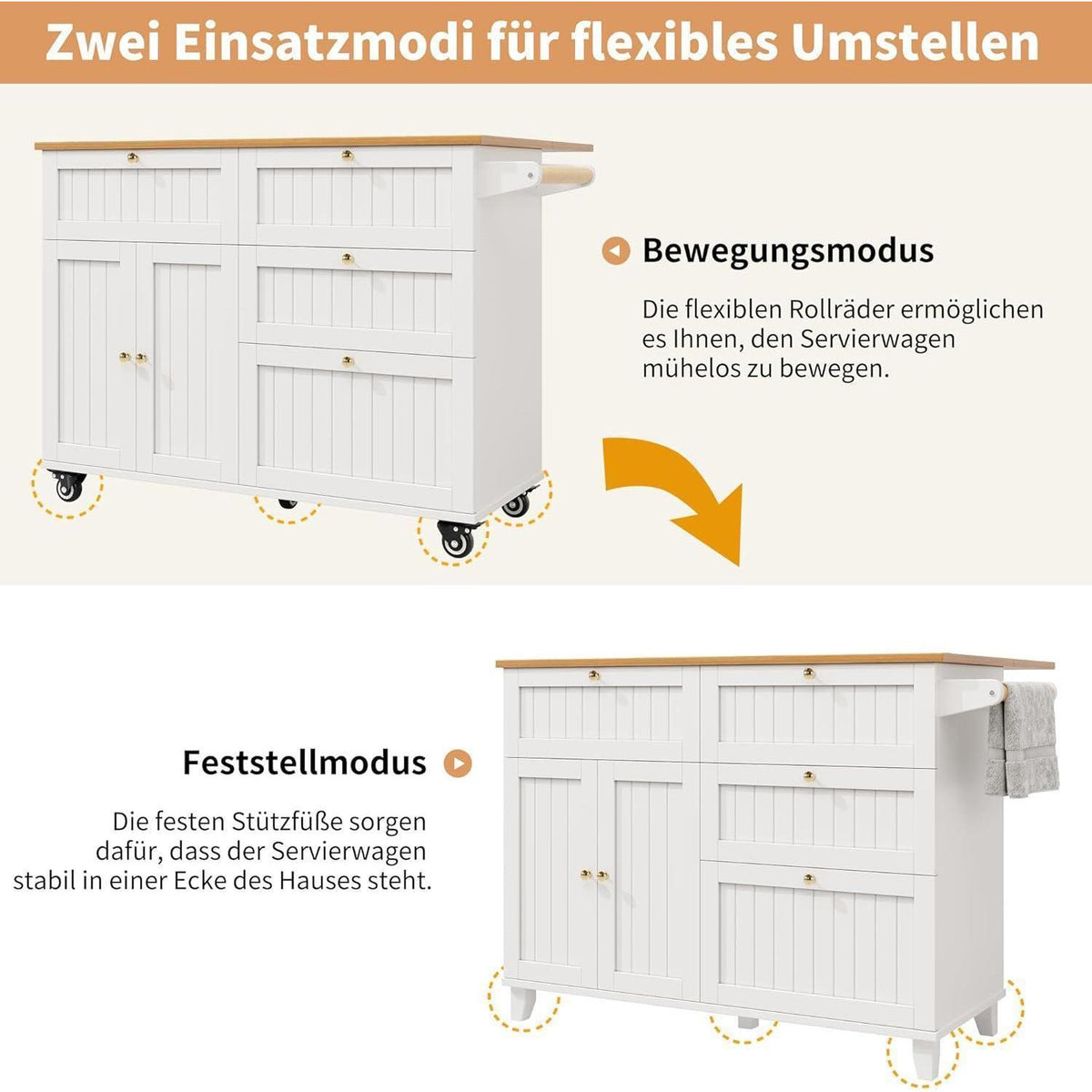 Kücheninsel weiß mit Stauraum & Rollen – Multifunktionale Küchenwagen