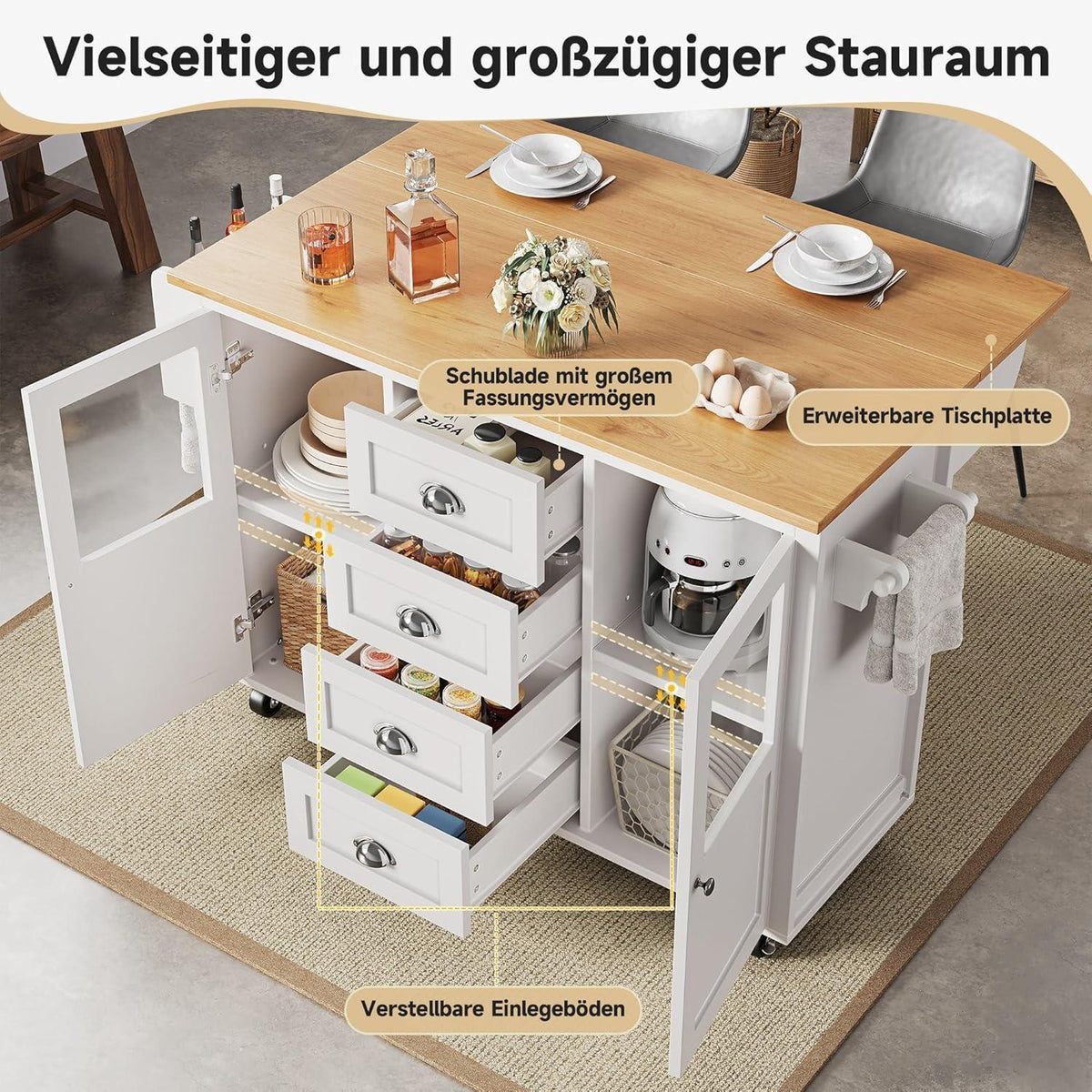 Bewegliche Kücheninsel mit Klapptisch & Stauraum – Weiß