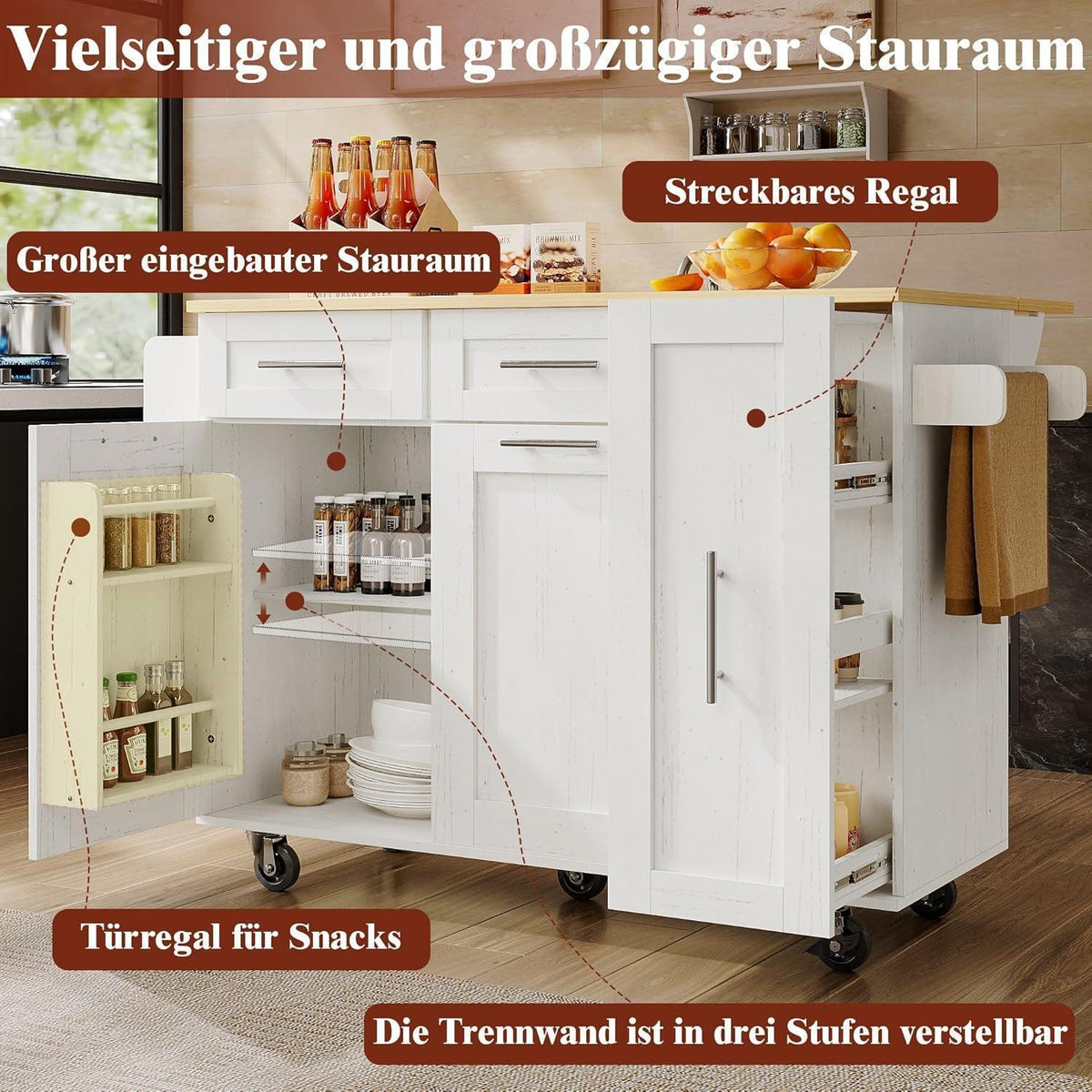 Multifunktionale Kücheninsel mit klappbarem Tisch & Stauraum, Weiß