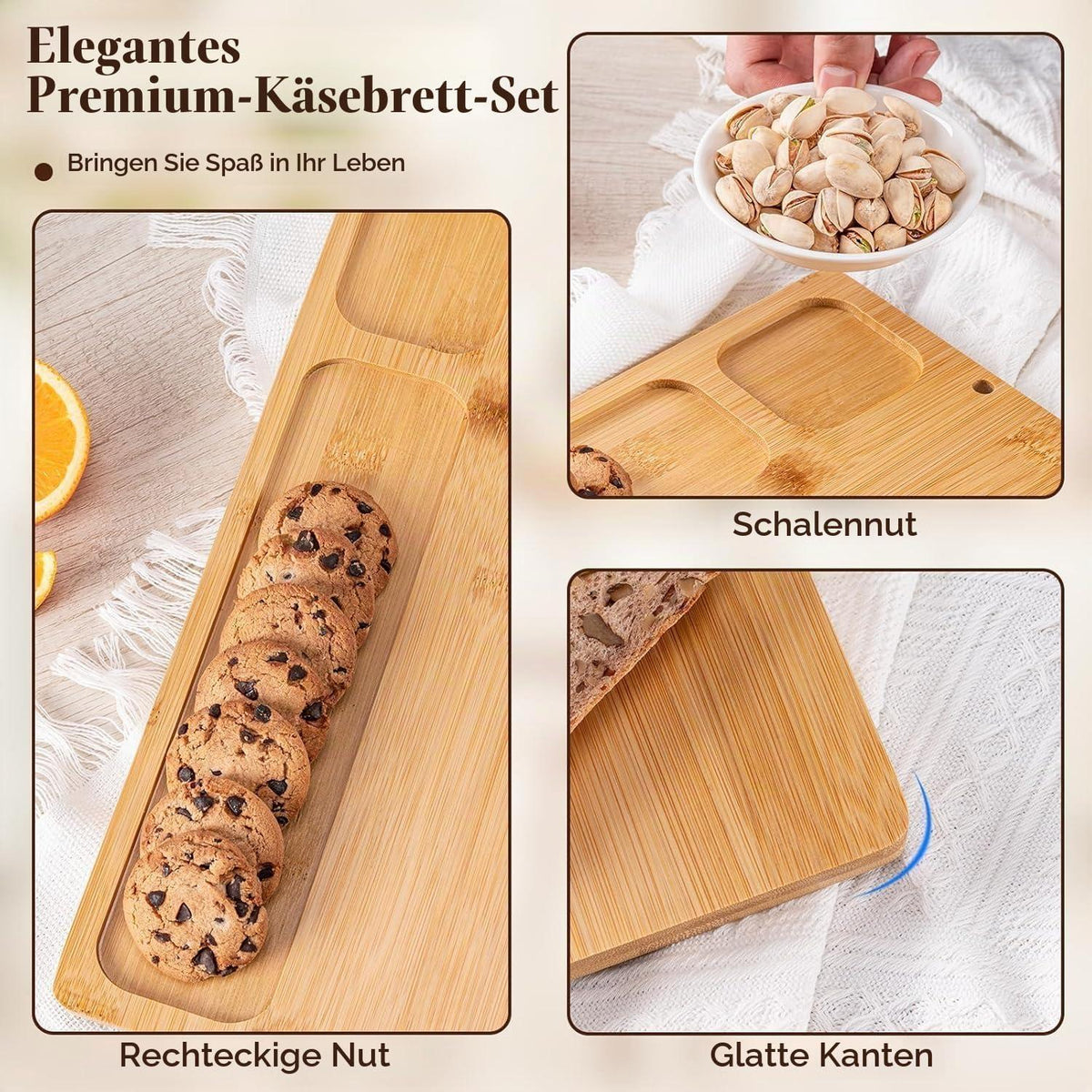 Bambus Käsebrett Set mit Messern – Servierplatte für Käse & Wurst