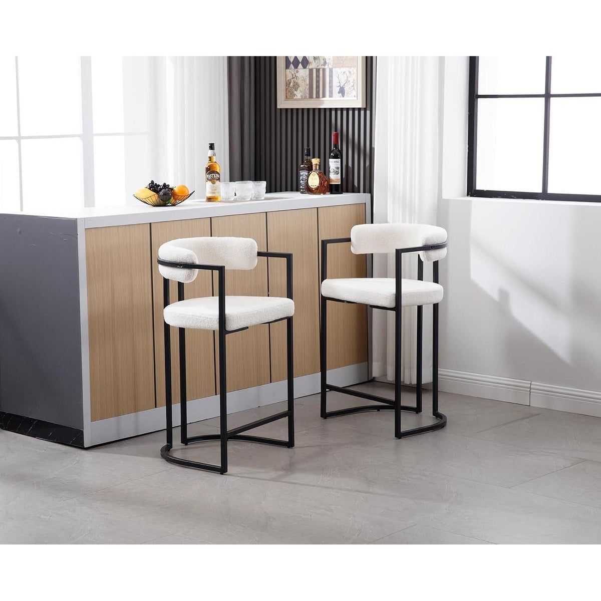 Barhocker Set 4er – Weißes Kunstfell mit Metallgestell