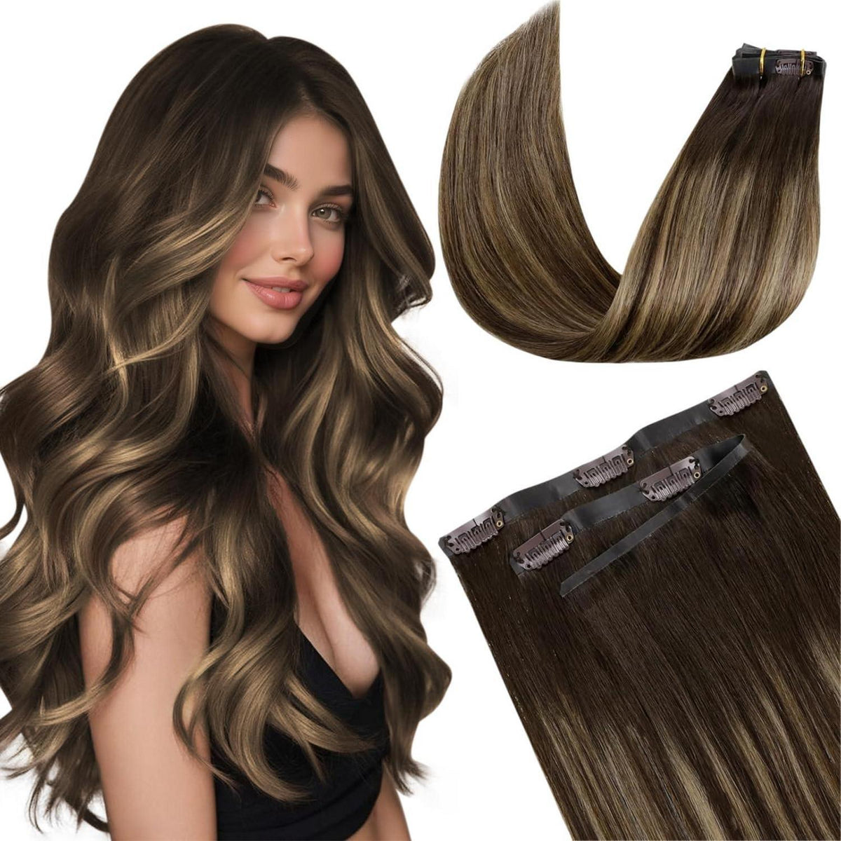 Echthaar Clip-in Extensions Braun Balayage – Volumenspendend & Längenverlängerung