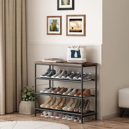 Schuhregal 4 Ebenen Schwarz Metall mit MDF-Platte