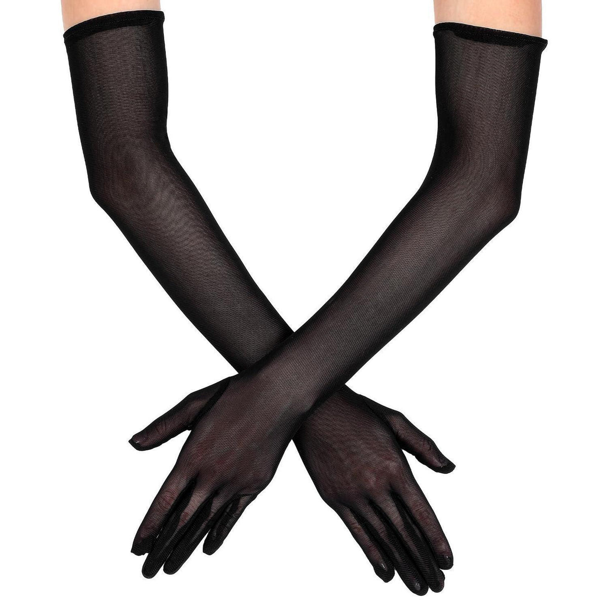 Lange Tüll Handschuhe Damen Schwarz Ellenbogenlänge