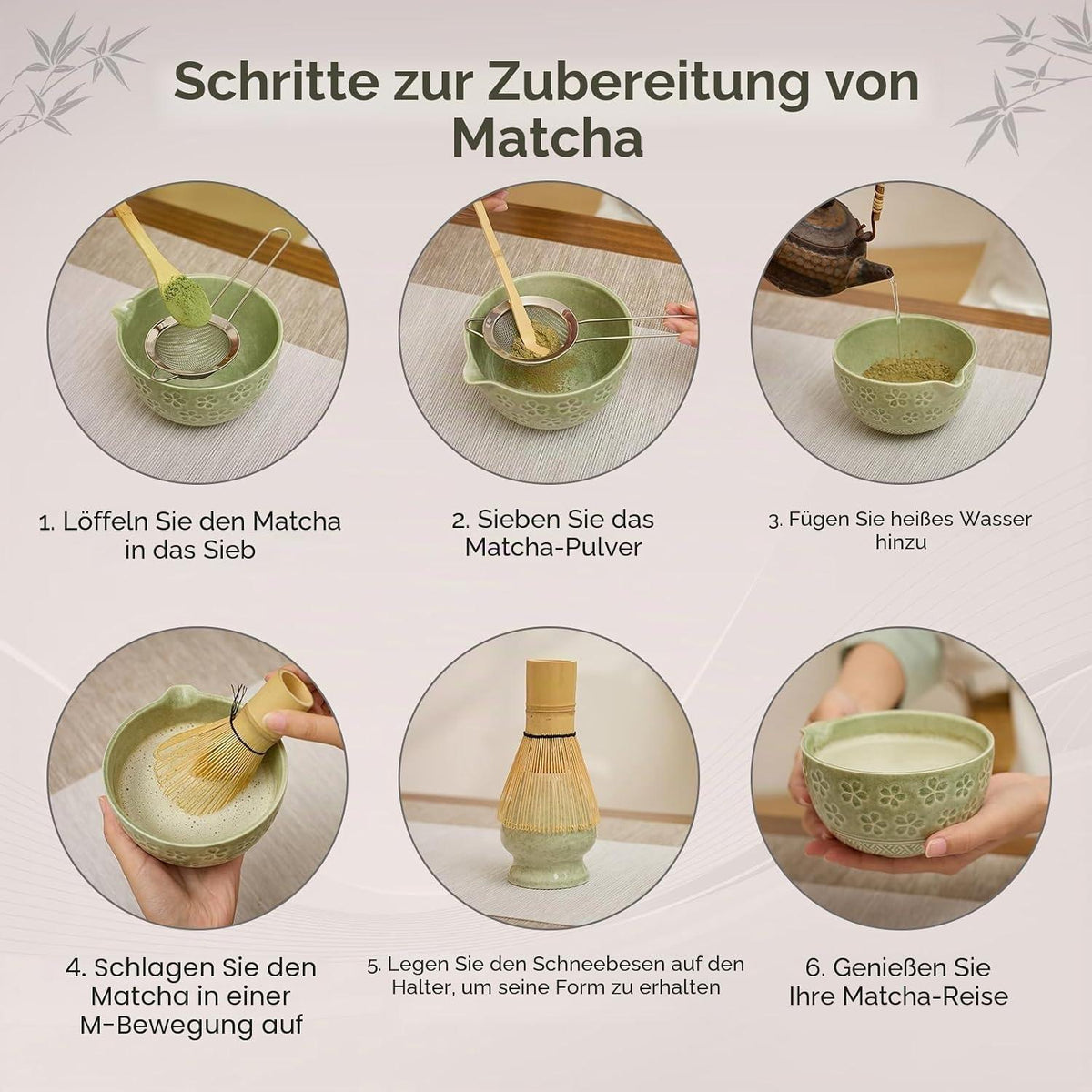 Matcha Set mit Bambus Schneebesen & Schüssel – 8-teilig
