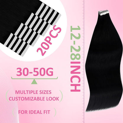 Echthaar Tape Extensions Schwarz - 40cm, 50g Remy