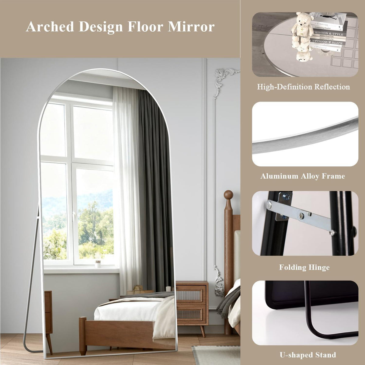 Gewölbter Bodenspiegel 198x96cm – Silberner Ankleidespiegel mit Aluminiumrahmen