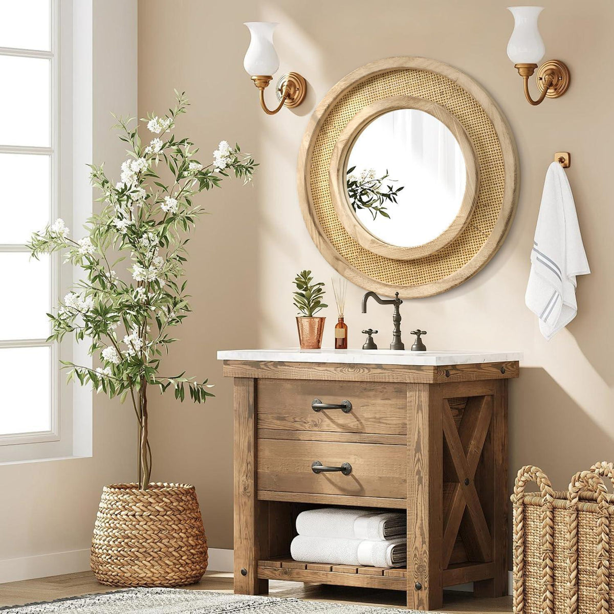 Holzspiegel rund 60cm – Wandspiegel für Wohnzimmer & Bad