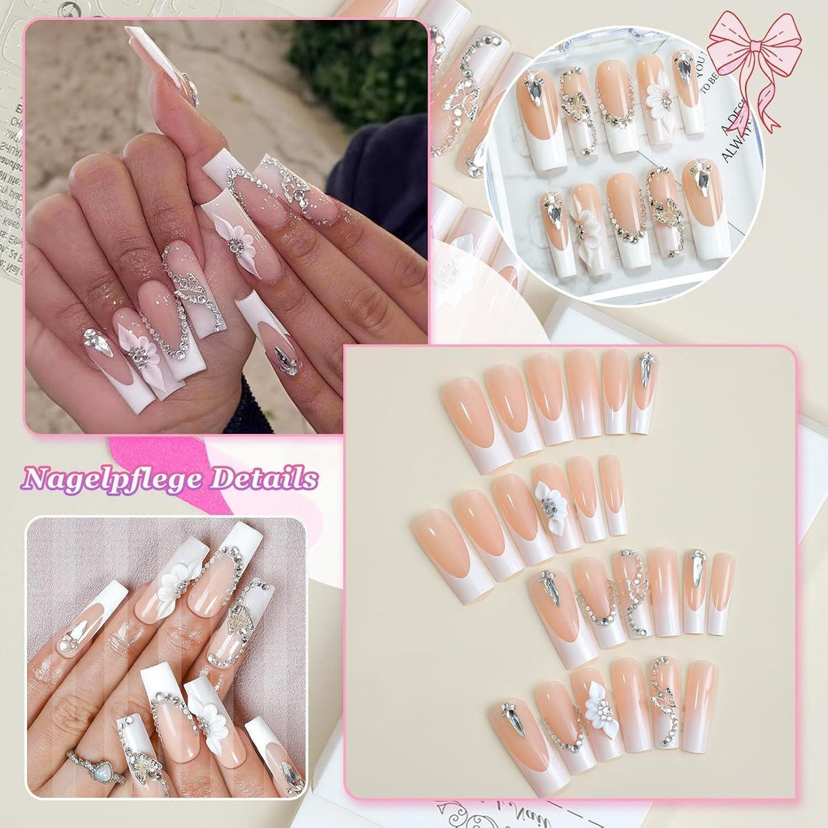 24er Set Ballerina French Nails mit Strass & Blumen – Press On Nägel Weiß