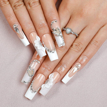24er Set Ballerina French Nails mit Strass & Blumen – Press On Nägel Weiß