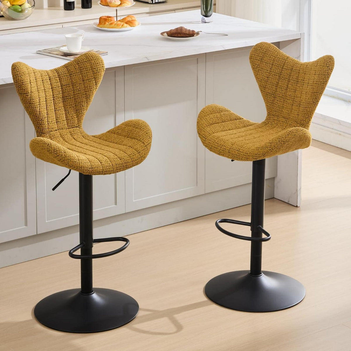 Moderner Barhocker 2er Set, Höhenverstellbar & 360° Drehbar, Gelb