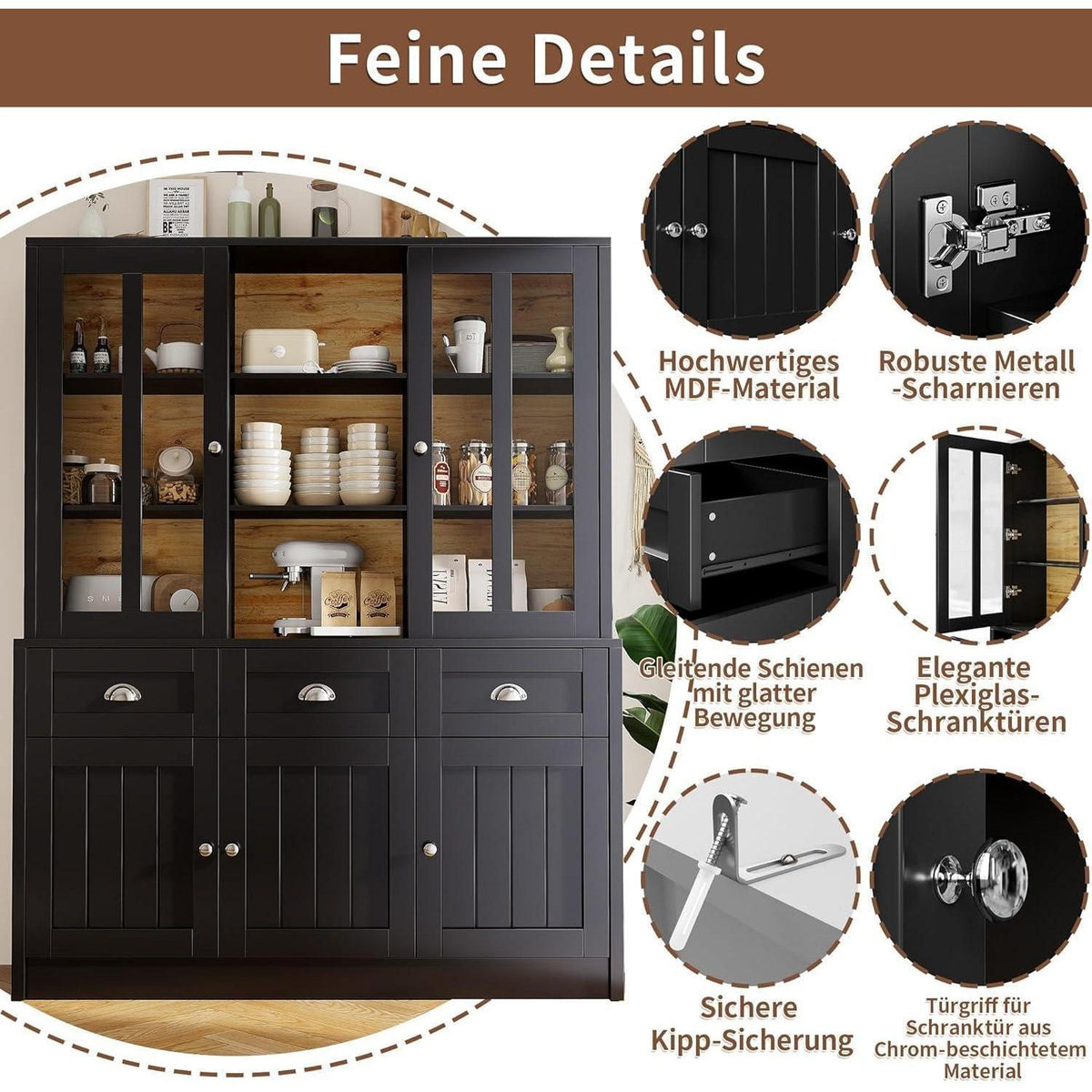 Hochschrank Wohnzimmer Schwarz 140x38.5x175cm – Vitrine & Schubladen