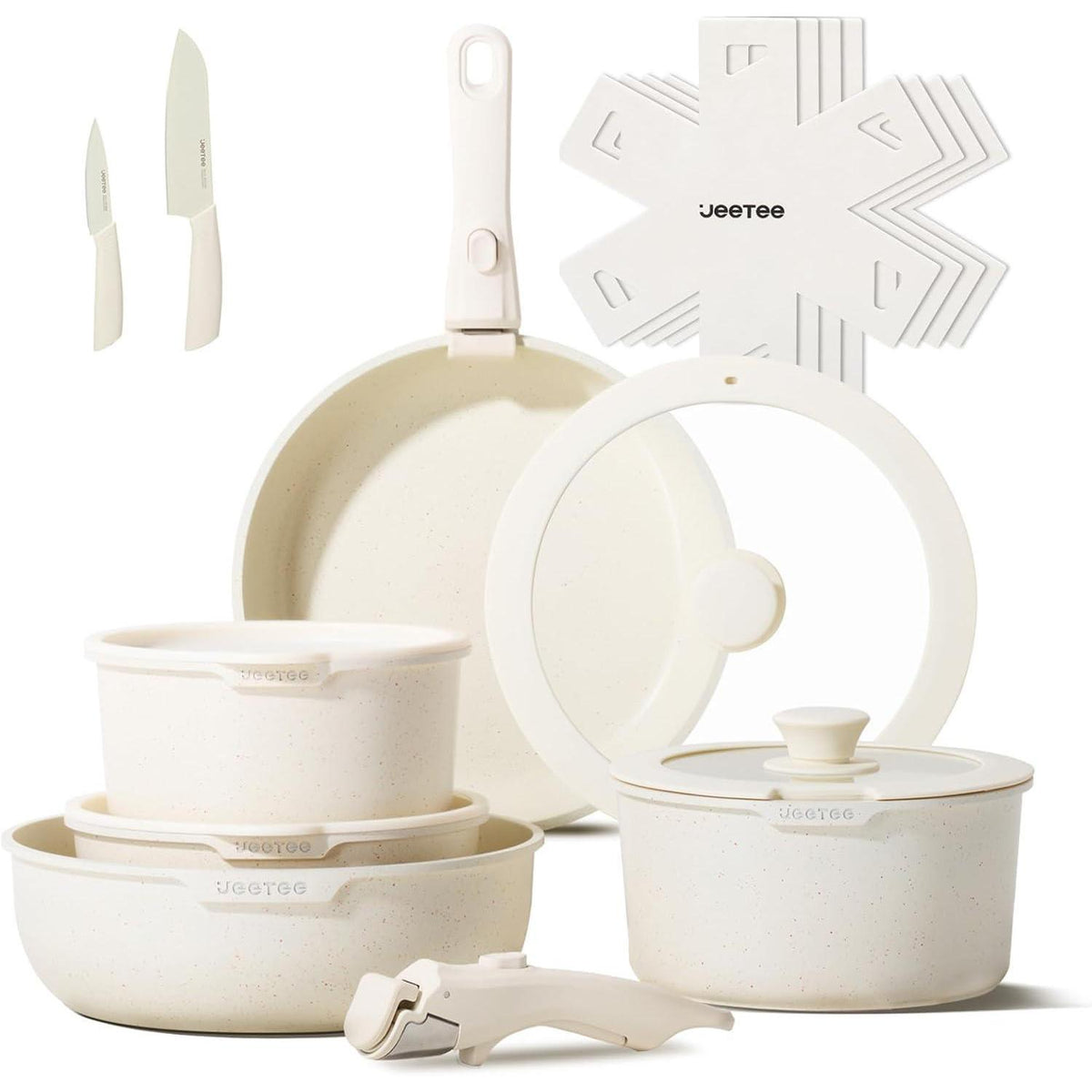 17-teiliges Topf- und Pfannenset mit abnehmbarem Griff, Induktion, Beige