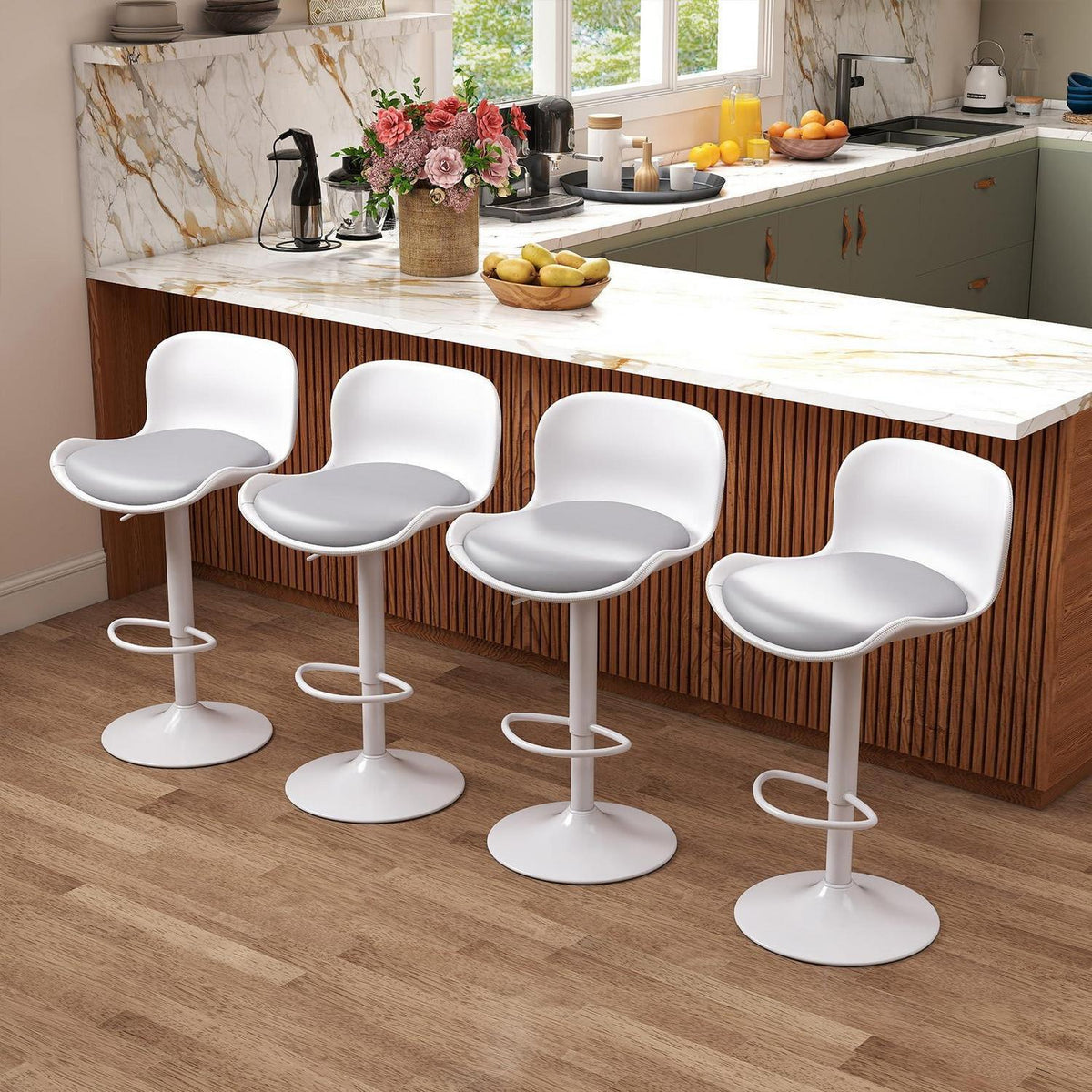 Höhenverstellbarer Barhocker 4er Set Weiß/Grau mit Fußstütze