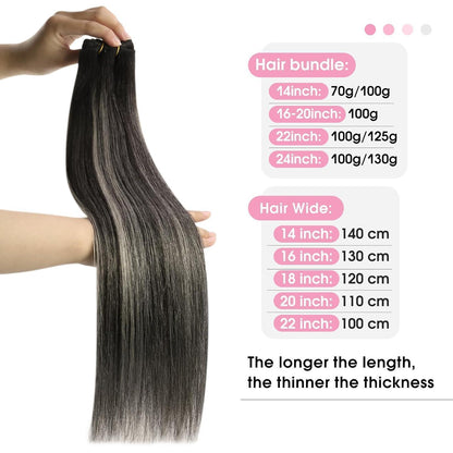 Echthaar Tressen Ombre Schwarz Silber 45cm Remy Weft