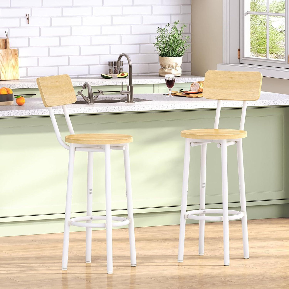 Barhocker Set 2er-Pack mit Rückenlehne & Fußstütze – Weiß & Naturholz