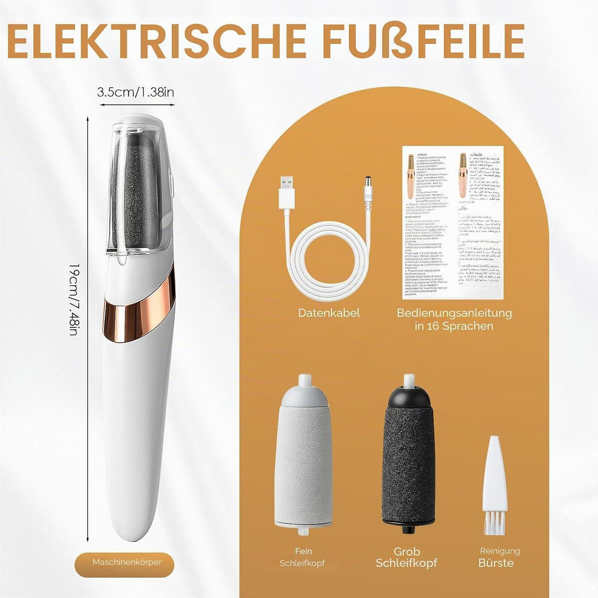Elektrische Fußfeile Hornhautentferner - Pediküre Set mit 2 Schleifköpfen