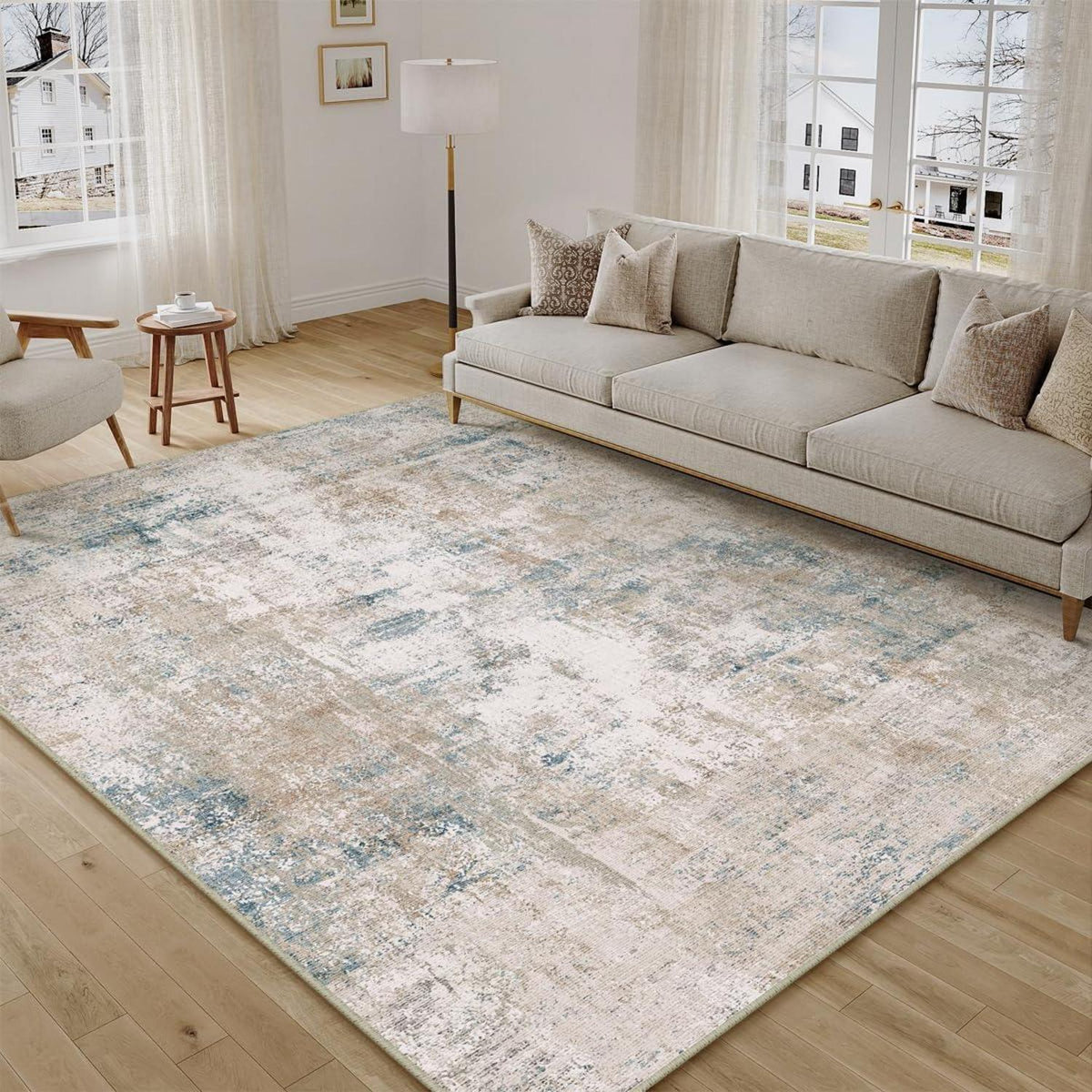 Beiger Blau Teppich 200x300cm – Waschbar & Rutschfest